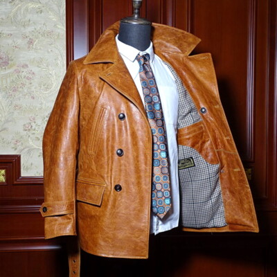 Mens Retro Double Breasted Belted Peacoat Horsehide Leather