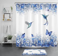 Daisy Floral Blue Butterfly Hummingbird Shower Curtain Set for Bathroom Decor