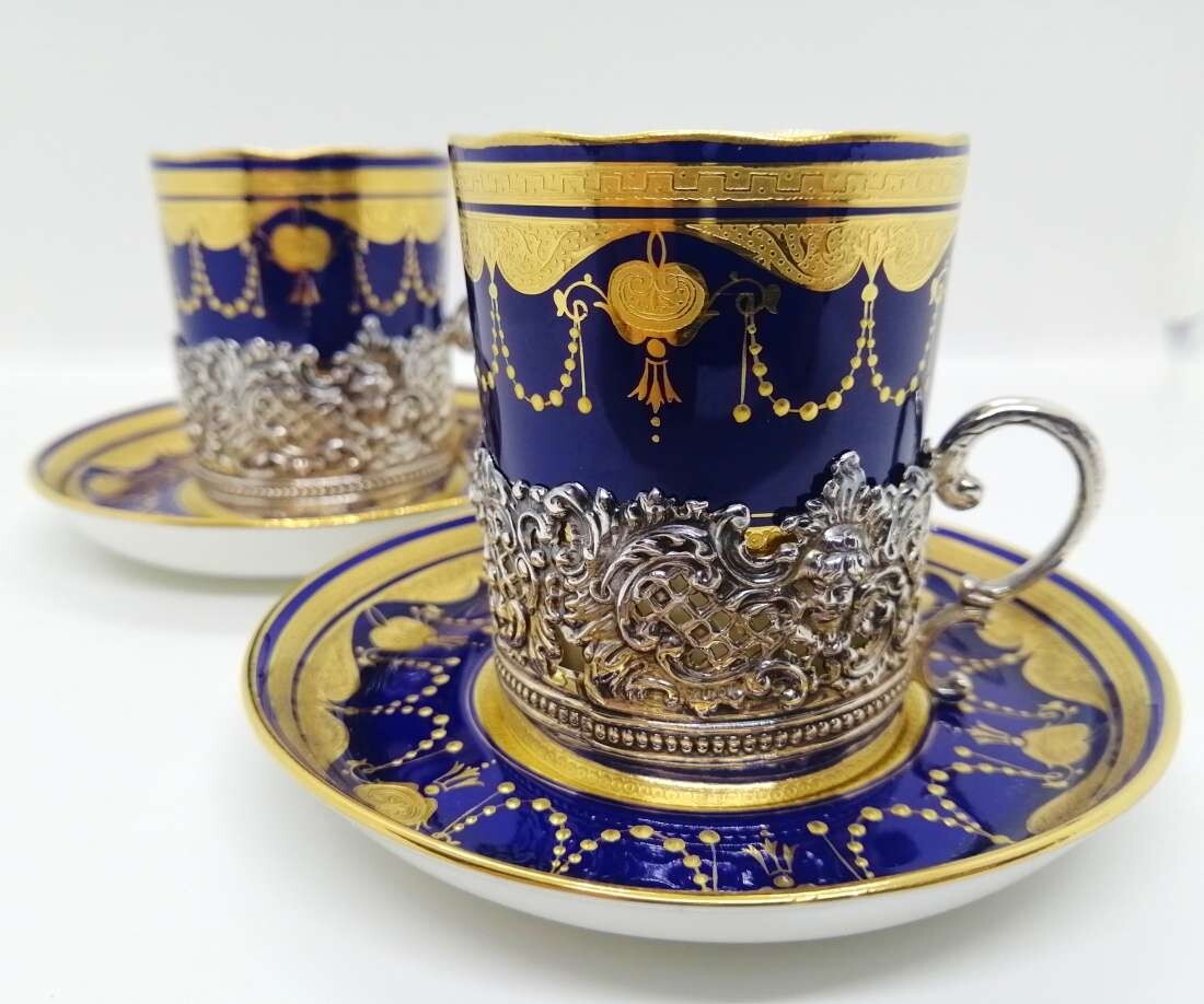 MINTON Gold plated lapis lazuli Cup & Saucer Pair sterling silver