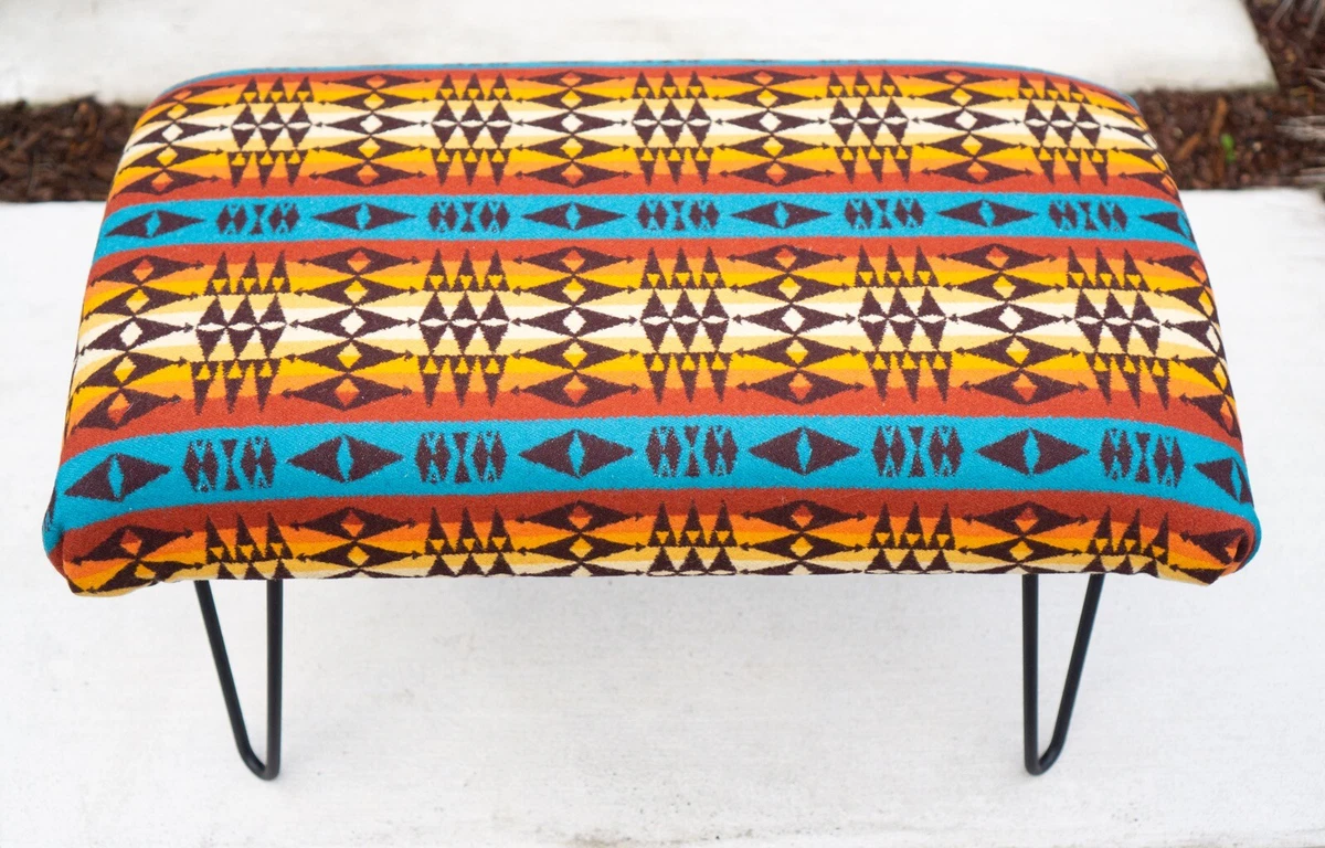 OTTOMAN FOOTSTOOL MADE W PENDLETON WOOL TURQOUISE DESERT