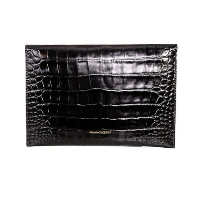NEW ALEXANDER MCQUEEN Black Croc-Embossed Leather GOLD SKULL