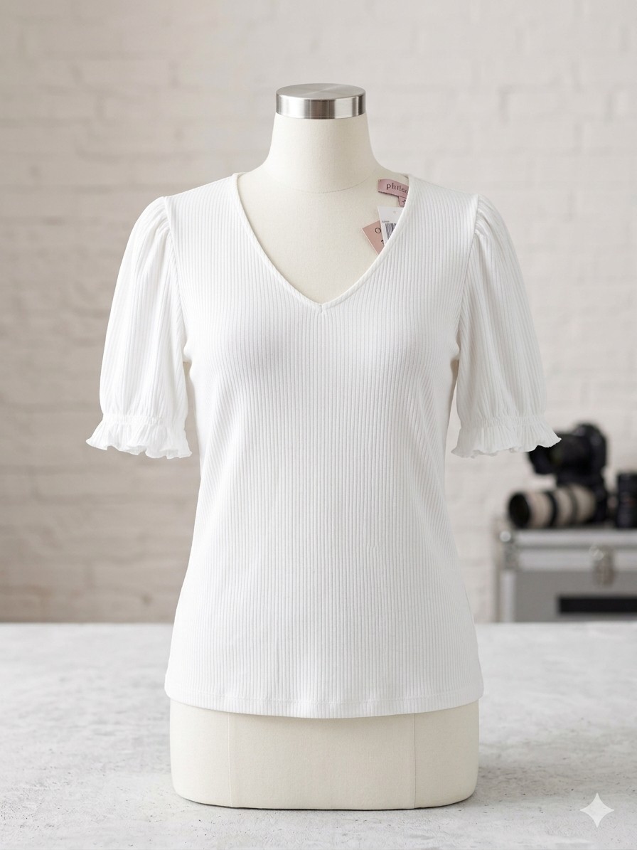 Philosophy Womens Medium White Ribbed V-Neck Top Ruffle Puff Short Sleeve NWT