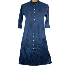 Madewell 10 Navy Long Derss Full Pearl Button Front Satin Polyester Blend