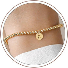 Initial Bracelets for Women - Dainty 14K Gold Plated Letter A-Z Charm Disc Brace