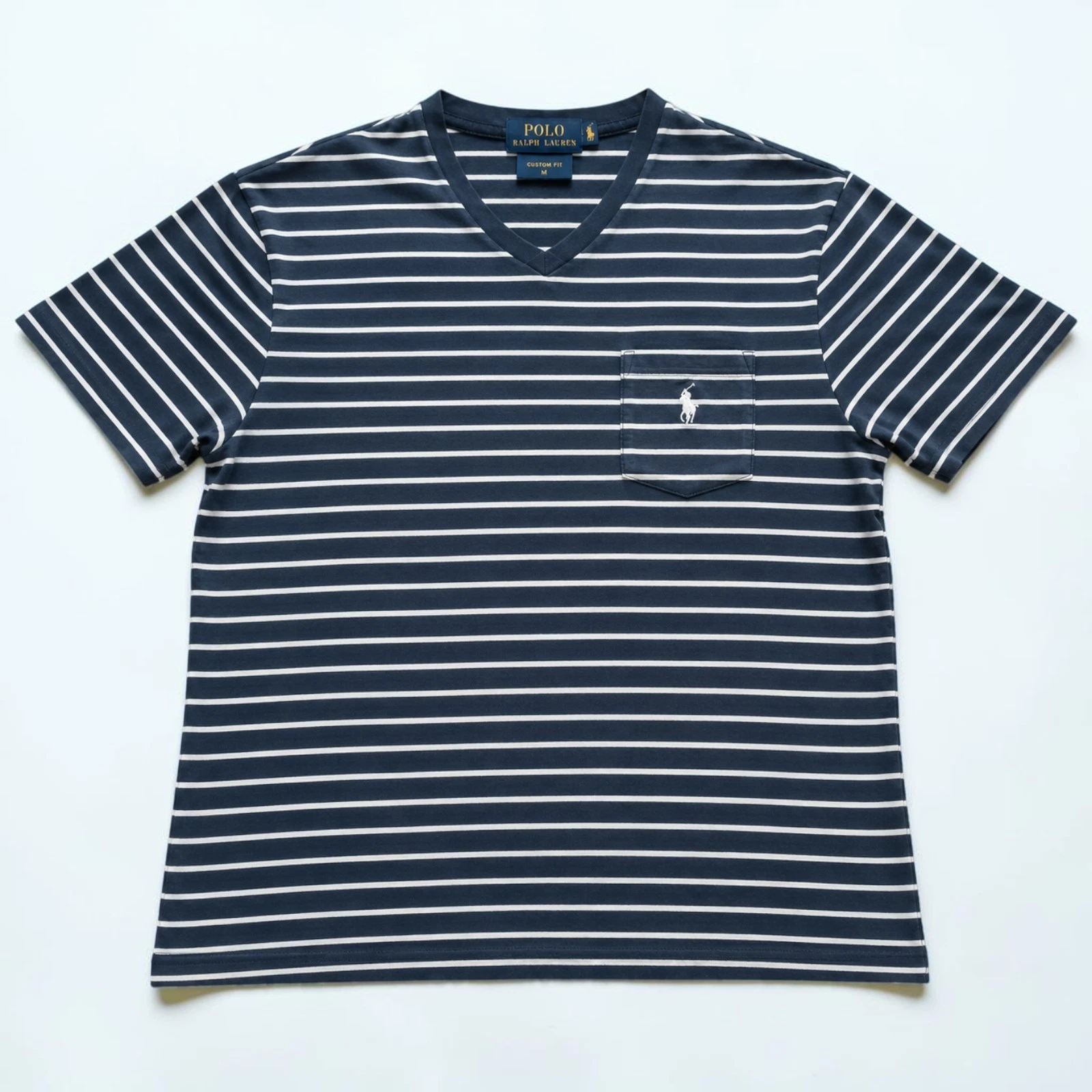 Polo Ralph Lauren Navy White Striped V Neck T Shirt Pocket Logo Men's