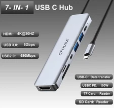 USB-C Hub 7-in-1 Multiport Adapter 4K@30Hz HDMI USB 3.0/USB 2.0/100W PD Charging