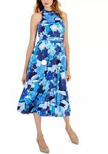 Tahari ASL Women's Blue Tie-Back Sleeveless Midi Dress Size 8