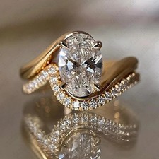 2 Ct Oval Cut Simulated Diamond Stunning Bridal Set Ring 14k Yellow Gold Plated