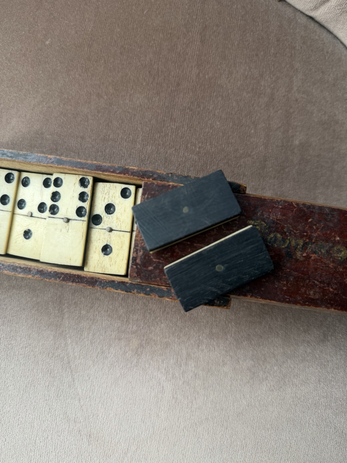Antique Bone & Ebony 28 Piece Dominoes Set In Original Wooden Box 1857 image 5