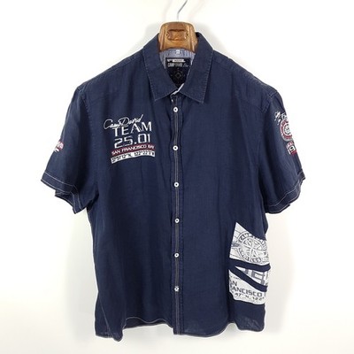 Camp David Shirt Mens 3XL Blue Muscle Fit Linen Short Sleeve Logo Casual Shirt