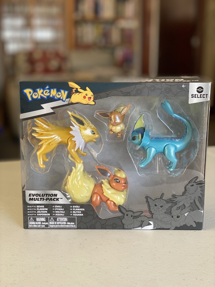 Pokémon Select Evolution Pack – Eevee + 3 évolutions (Jolteon, Vaporeon, Flareon) – Figurines Articulées Dès 4 Ans