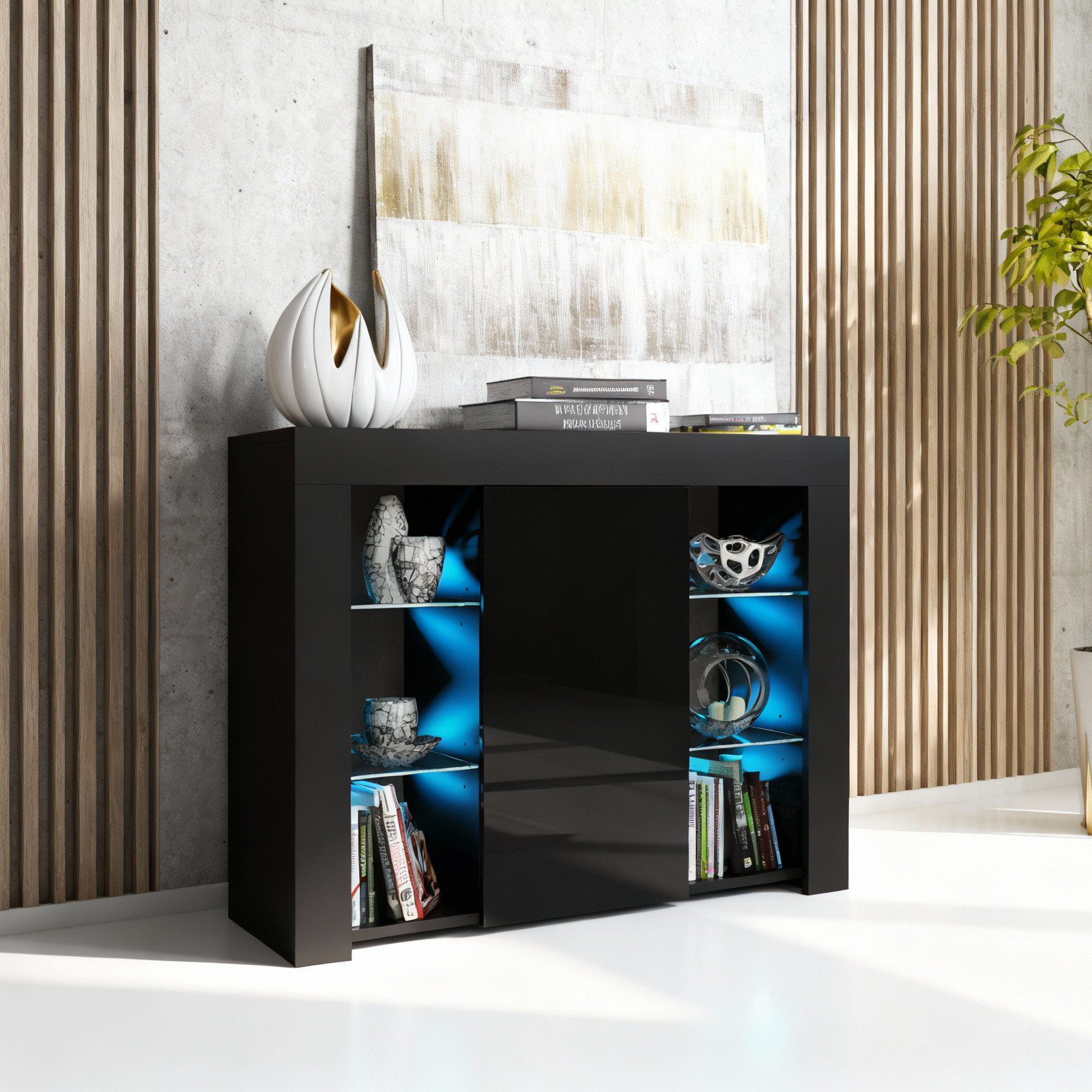 Sideboard Display Cabinet Storage Bookcase Black Gloss Glass Door Unit 97cm