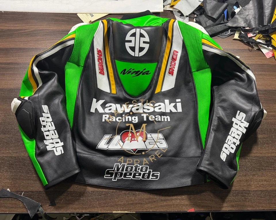 Kawasaki Moto Cuero de Vaca Motocicleta Deportes Carreras Chaqueta Motociclista Foto 2 de 4