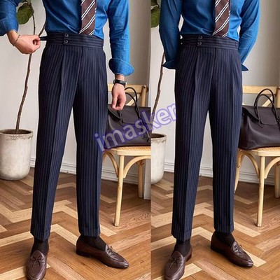 Formal Men's Business Gurkha High Waist Striped Straight Pants Casual Trousers