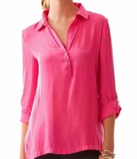 Lilly Pulitzer FAB Everglades Henley Tunic Pop Pink Silky Polyester Blouse M