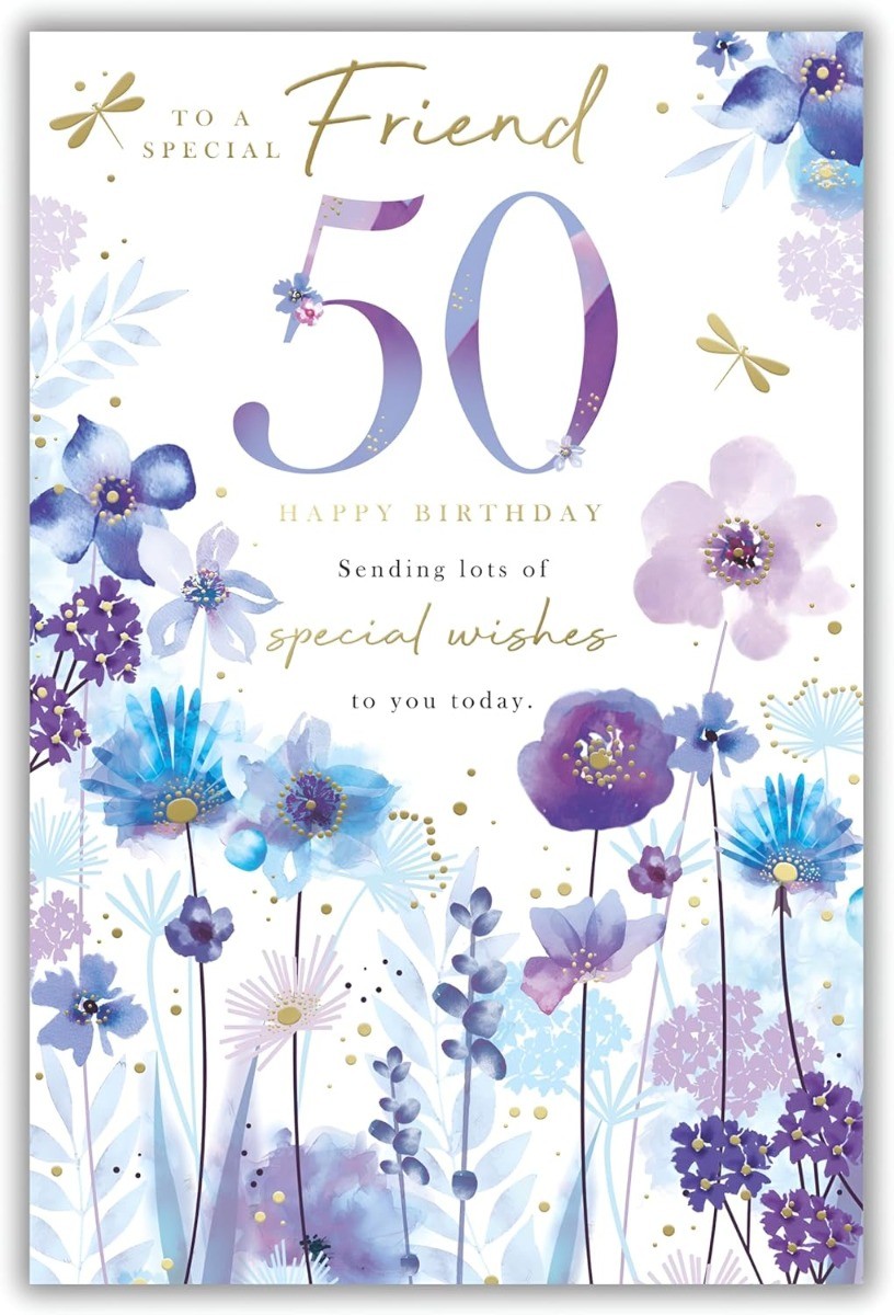 Female Friend 50th Birthday Card. Floral Design. 23x15cm