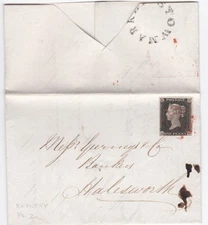 1840 QV 1d PENNY BLACK STAMP PLATE 2 STOWMARKET UDC MX ON LETTER TO HALESWORTH