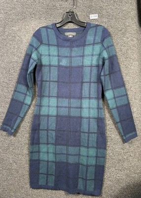 Tahari Knit Dress Womens Size S Blue Green Tartan Long Sleeve Academia Preppy