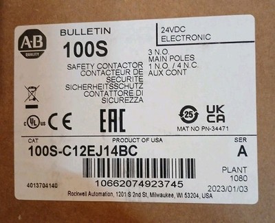 NEW Allen Bradley 100S-C12EJ14BC Safety Contactor Ser.A 24V 3-Pole