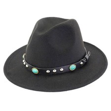 Black Wide Brim Fedora Hat Felt Panama Jazz Cap Unisex Men Women,Turquoise Strap