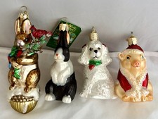 LOTE/4 ADORNOS DE NAVIDAD DE VIDRIO SOPLADO BÚHO ANIMALES MASCOTAS HOLANDÉS CONEJO CANICHE CERDO