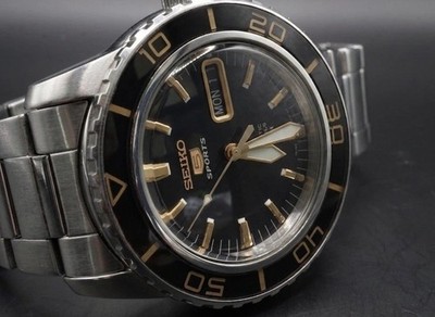 Seiko 5 Sports 7S36-04N0 Black Dial Gold Accents New NH36 Movement, New Crystal