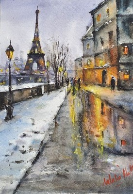 Original Watercolor Painting Eiffel Tower Seine River Paris France Fine Art