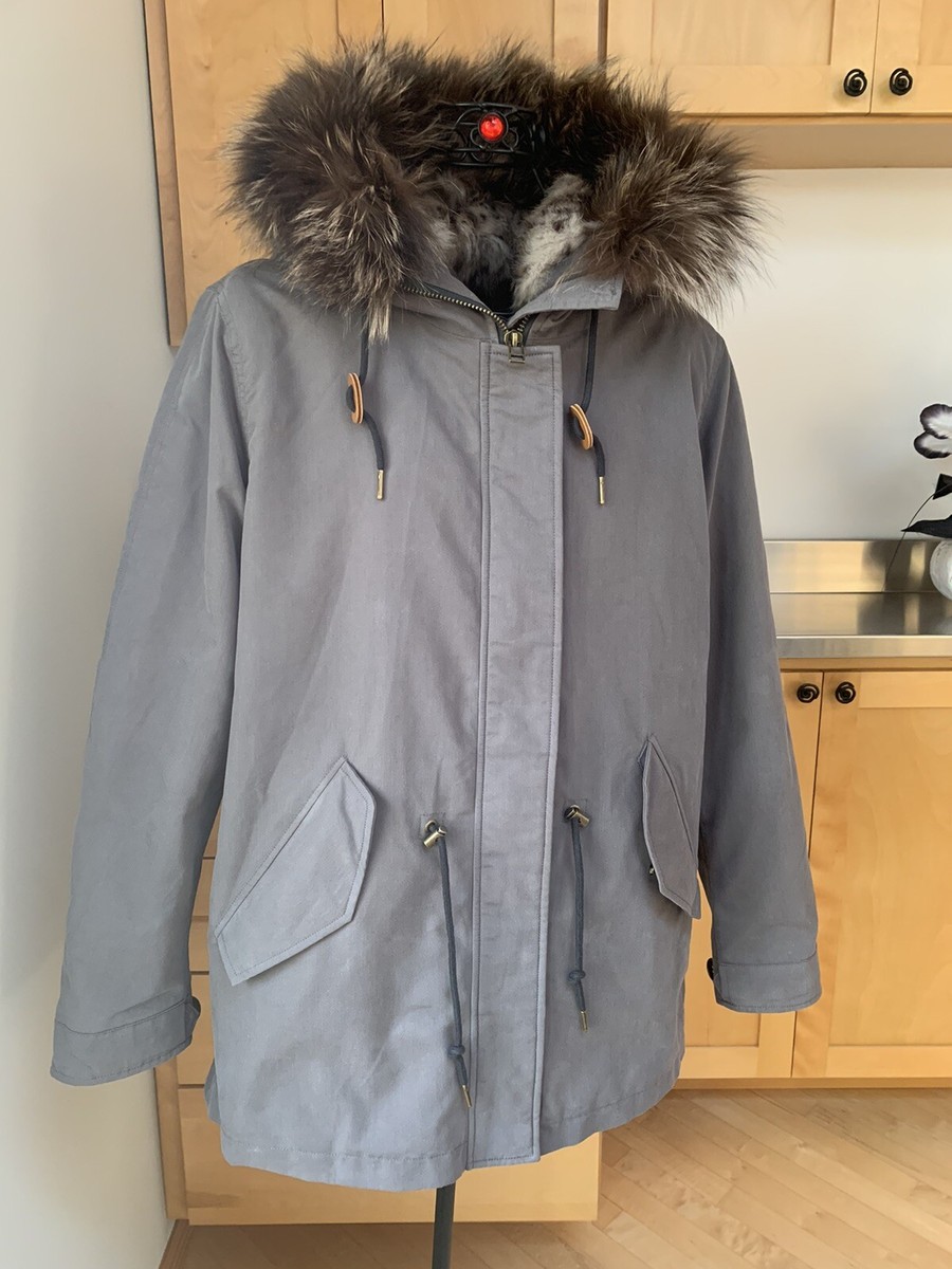 BARNEYS NEW YORK Rabbit Fur-Lined Grey Coat Parka w/Hood Silver