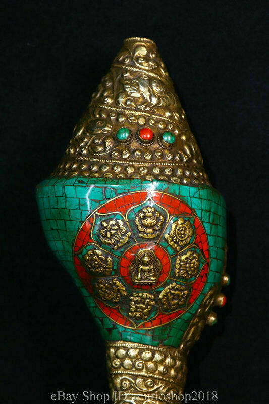13.6 " Old Tibet Copper Inlay Turquoise Eight Treasures Conch Shell Trumpet Horn