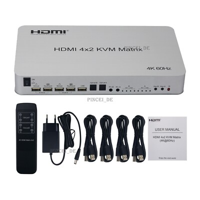 4K 60Hz HDMI Matrix Switch HDMI 4x2 KVM Matrix Supports Keyboard Mouse Speaker