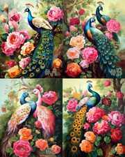 Beauty of Peacock and Flowers Fusion Printed Needlepoint Canvas Elegant Harmony