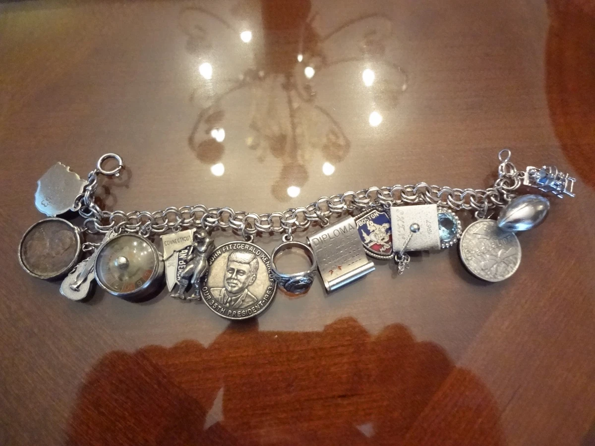 VINTAGE STERLING SILVER DOUBLE LINK CHARM BRACELET WITH 15 COOL STERLING CHARMS