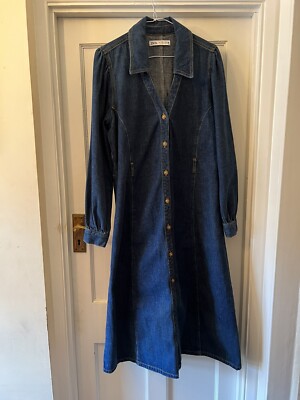 zara denim maxi dress long sleeve ZARA Blue Denim Long Sleeve Shirt Style Midi Dress,Large
