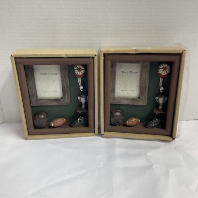 Wooden Football Photo Frame NEW.  Table Top.  Football Items surround frame (D)