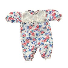Vintage Floral Corduroy Bib Collared Bodysuit Size 0-6 Months Cottage Lace Trim