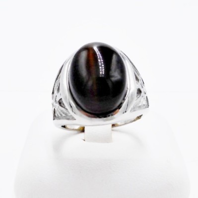 RING MEN BROWN TIGER CAT EYE SYN STAINLESS STEEL SILVER EAGLE SOLITAIRE SZ 9.25