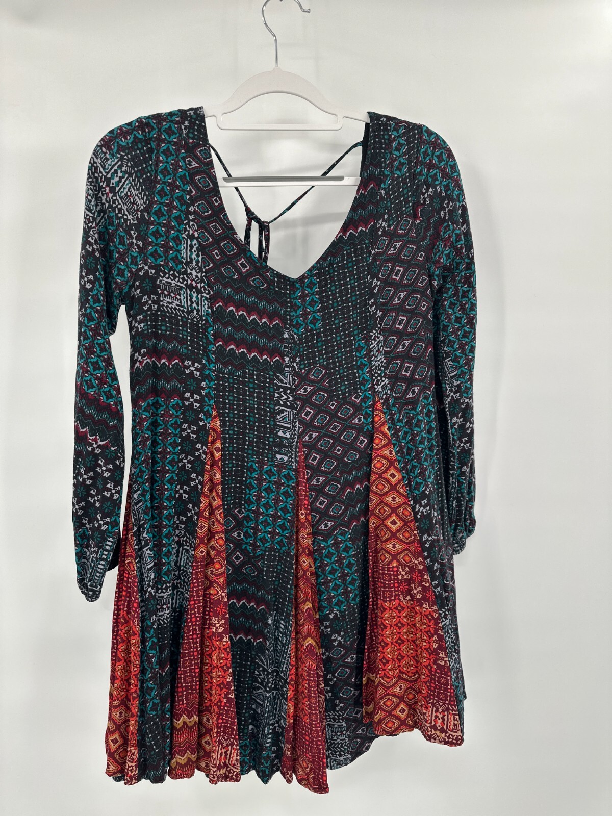 Boho Patchwork Dress Small Mini Deep V Artistic C… - image 1