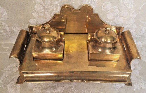 Vtg Metal Inkwell Stand Gold Colored Finish Metal Inkwell Bottles & Tops India - 第 1/12 張圖片