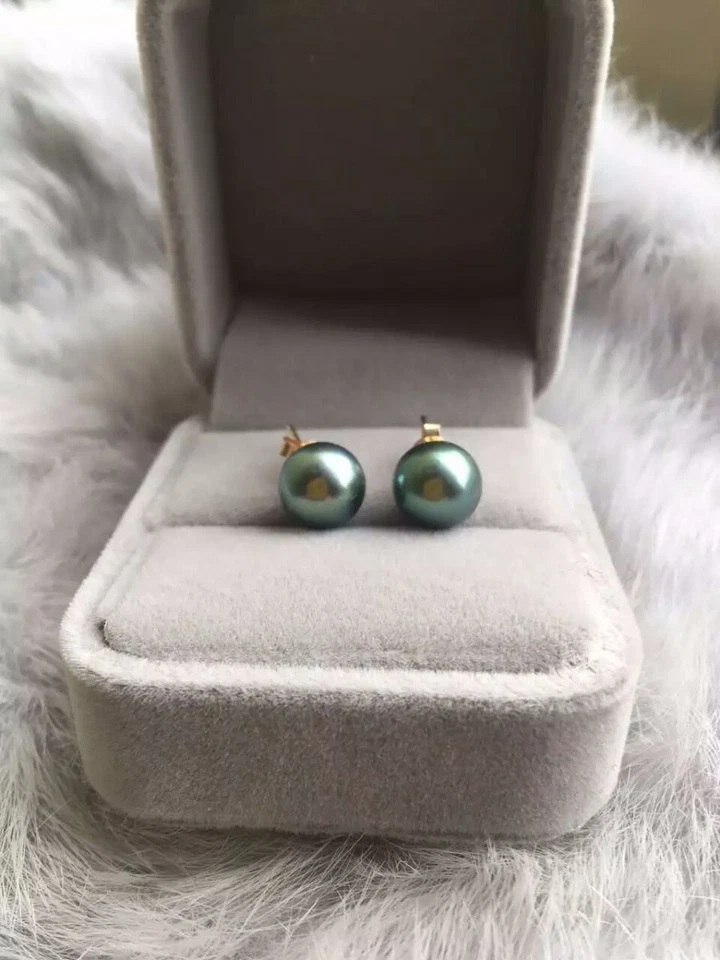 Novos brincos de pérola taitiana natural redondo verde preto 8-9 mm AAA ouro 14k - Imagem 2 de 4