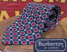 Burberry of London Men's Silk Tie USA Made Blue Red Geometric Pattern Hand Made