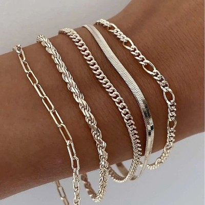Women's Dainty Bracelets Set, 5pc 14K Silver Plated Adjustable Stackable