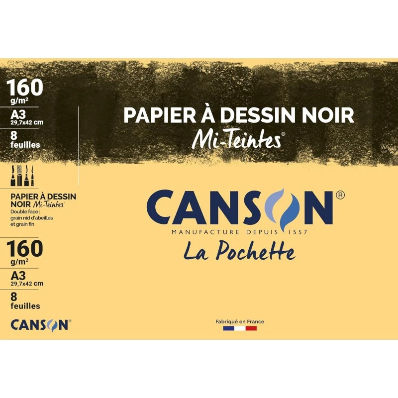 Papier dessin - A3 - 29,7x42cm - Canson - Mi-teintes - Noir - 160g - 8 feuilles - Photo 1/2
