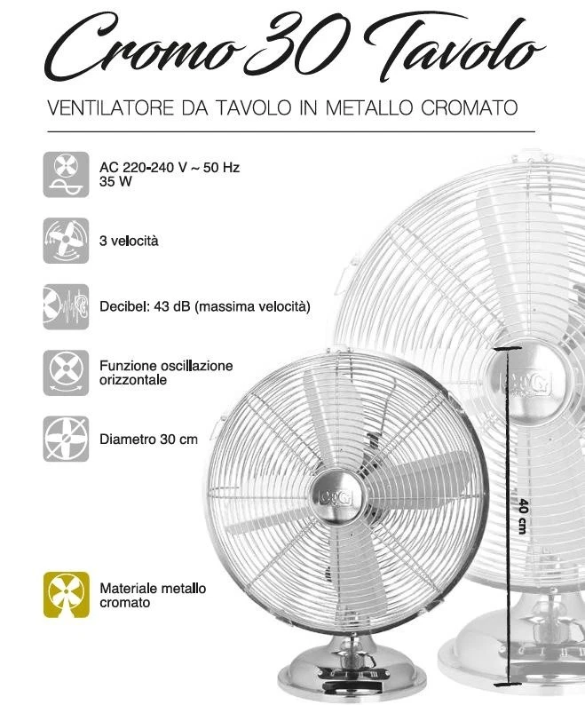 Ventilatore da Tavolo 30cm Metallo Cromato 3 Velocita Oscillante Silenzioso 35W - Immagine 2 di 4