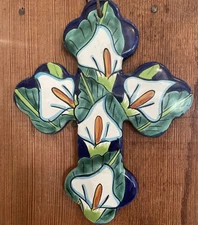 Beautiful Ceramic Cross With White Lilies From Mexico 8” X 7” Leather Hanger