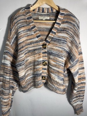 LOFT Striped Cropped Cardigan Womens M Button Front Knit Sweater Boho
