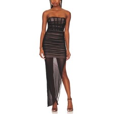 Nookie Black Mesh Ruched Maxi Dress XS Bustier Slimming Bodycon Designer $380