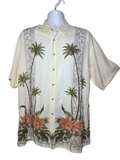 Pierre Cardin Hawaiian Palm Trees Floral Men's Soft Button-up SS ivory Top L