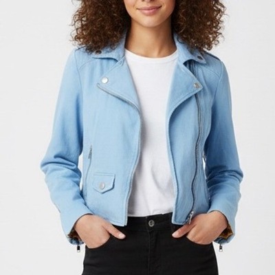 Color Me Courtney Light Blue Cropped Moto Jacket With Floral Lining Size 6