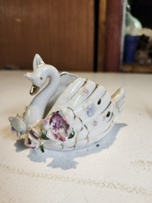 Vintage Occupied Japan Porcelain Swan Candleholder w Applied Pink Roses