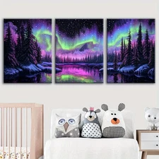 3pcs Framed Canvas Wall Art - Vibrant Aurora Borealis Landscape with Pine Trees